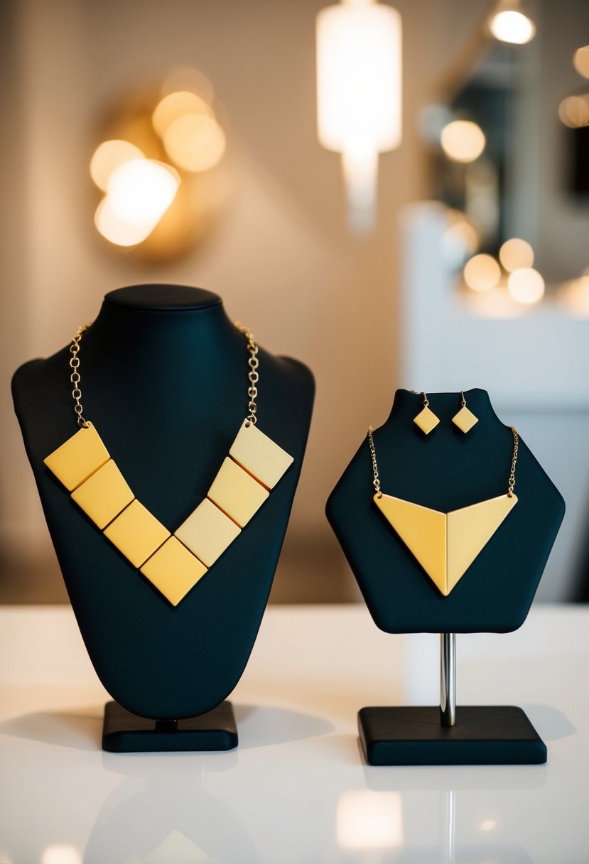 A pair of bold geometric earrings and a matching necklace displayed on a sleek, modern jewelry stand