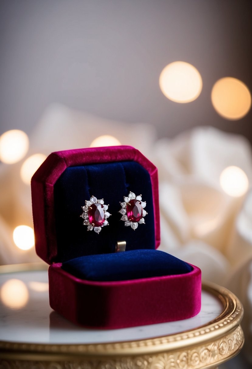 A pair of elegant ruby wedding earrings displayed on a velvet cushion with soft lighting and a romantic backdrop