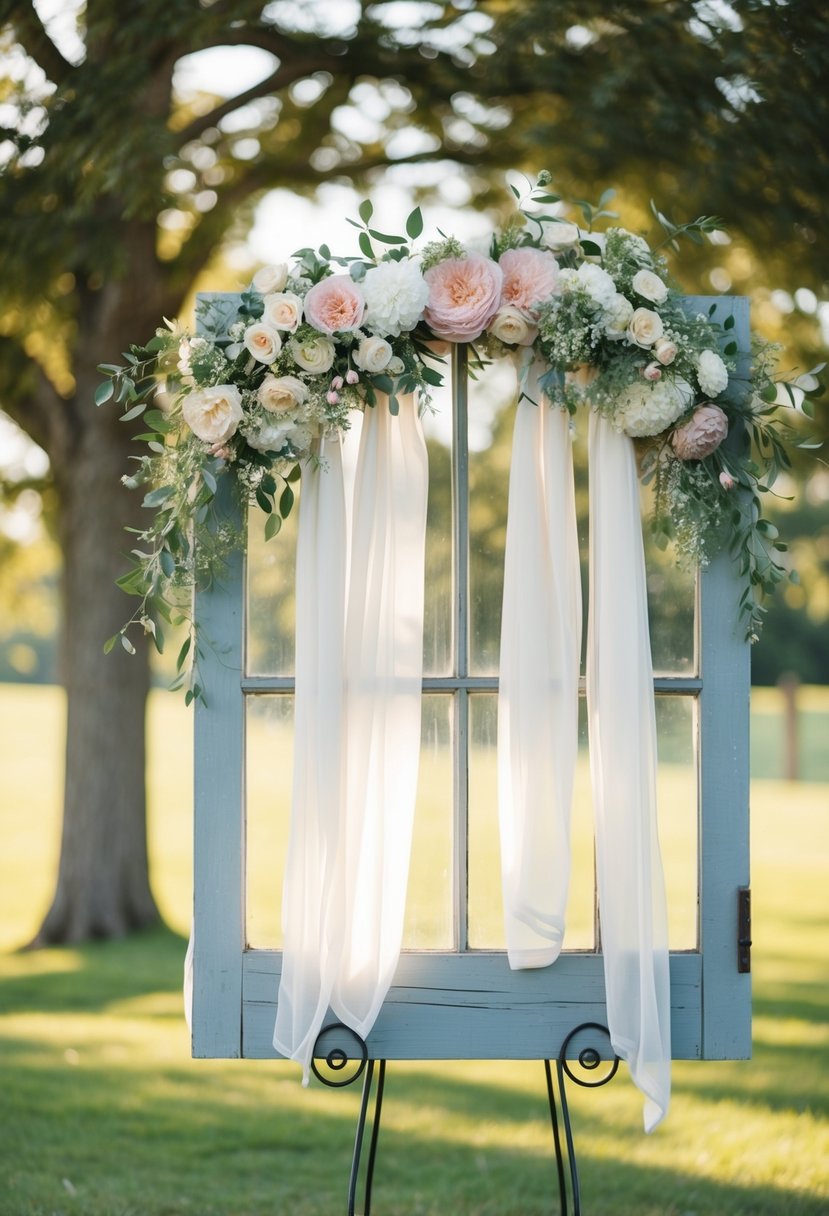 A rustic window pane adorned with blooming flowers and draped with delicate fabric, serving as a unique signage for a summer wedding decor