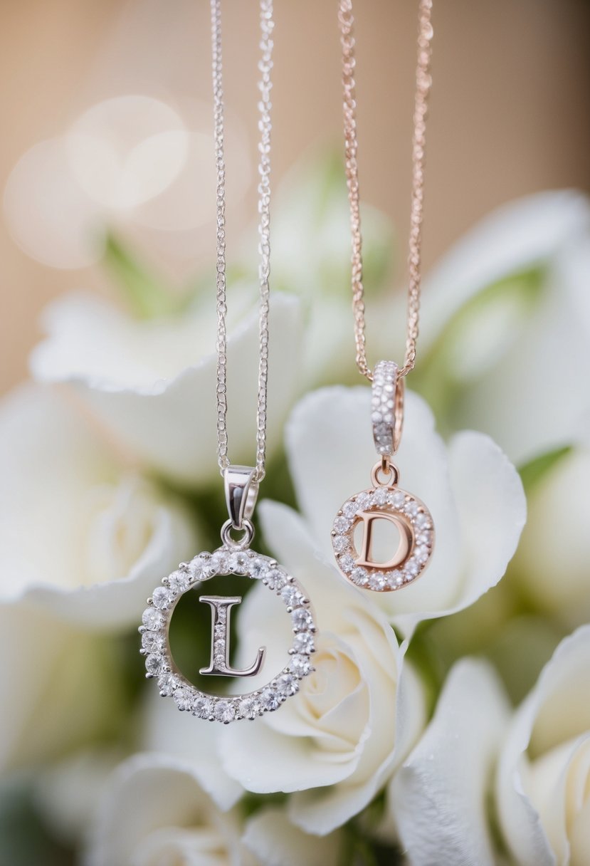 A delicate initial necklace charm hangs next to elegant wedding earrings and a matching necklace