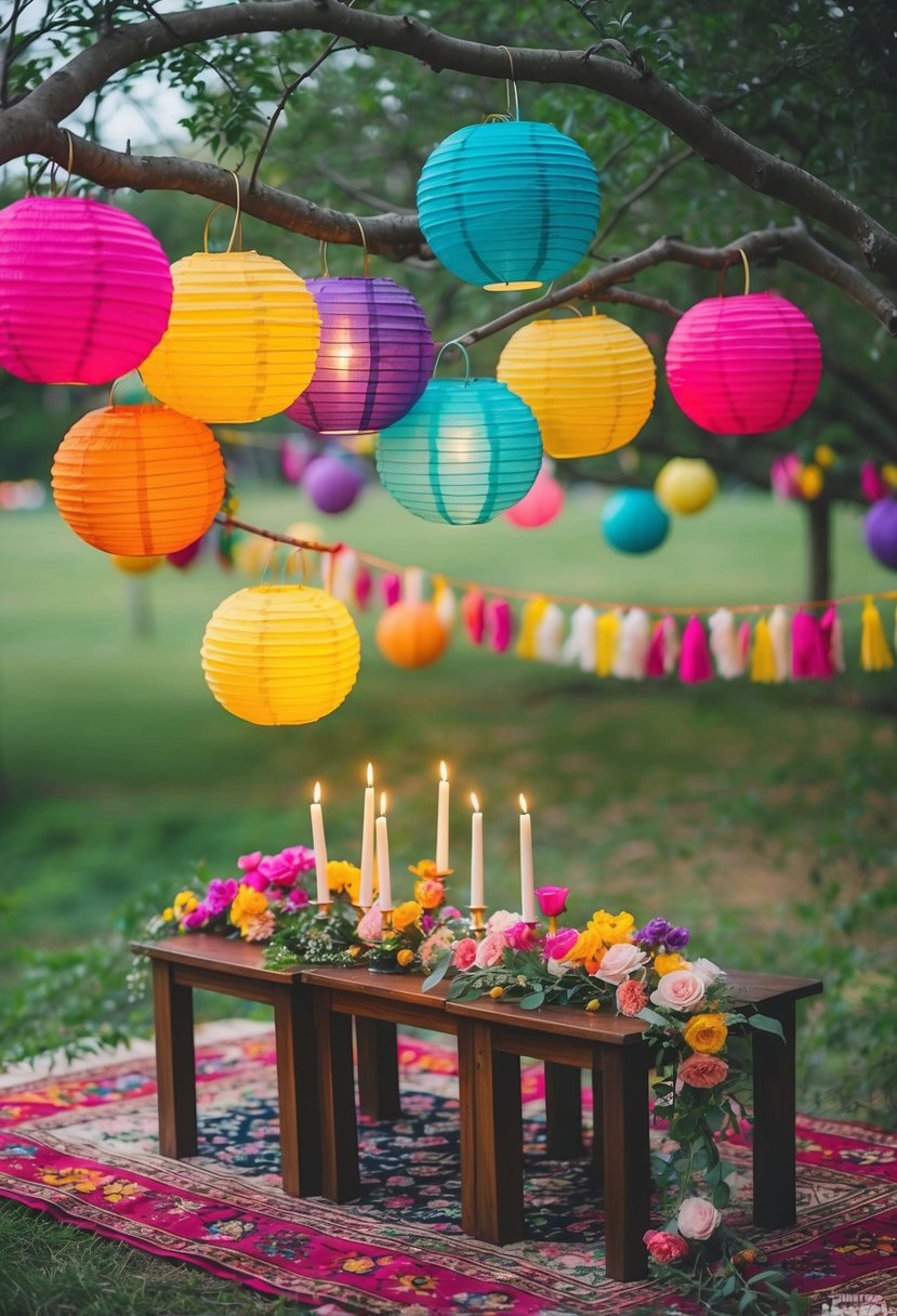 Colorful paper lanterns hang from tree branches, while a bohemian rug and low wooden tables are adorned with flower garlands and candles