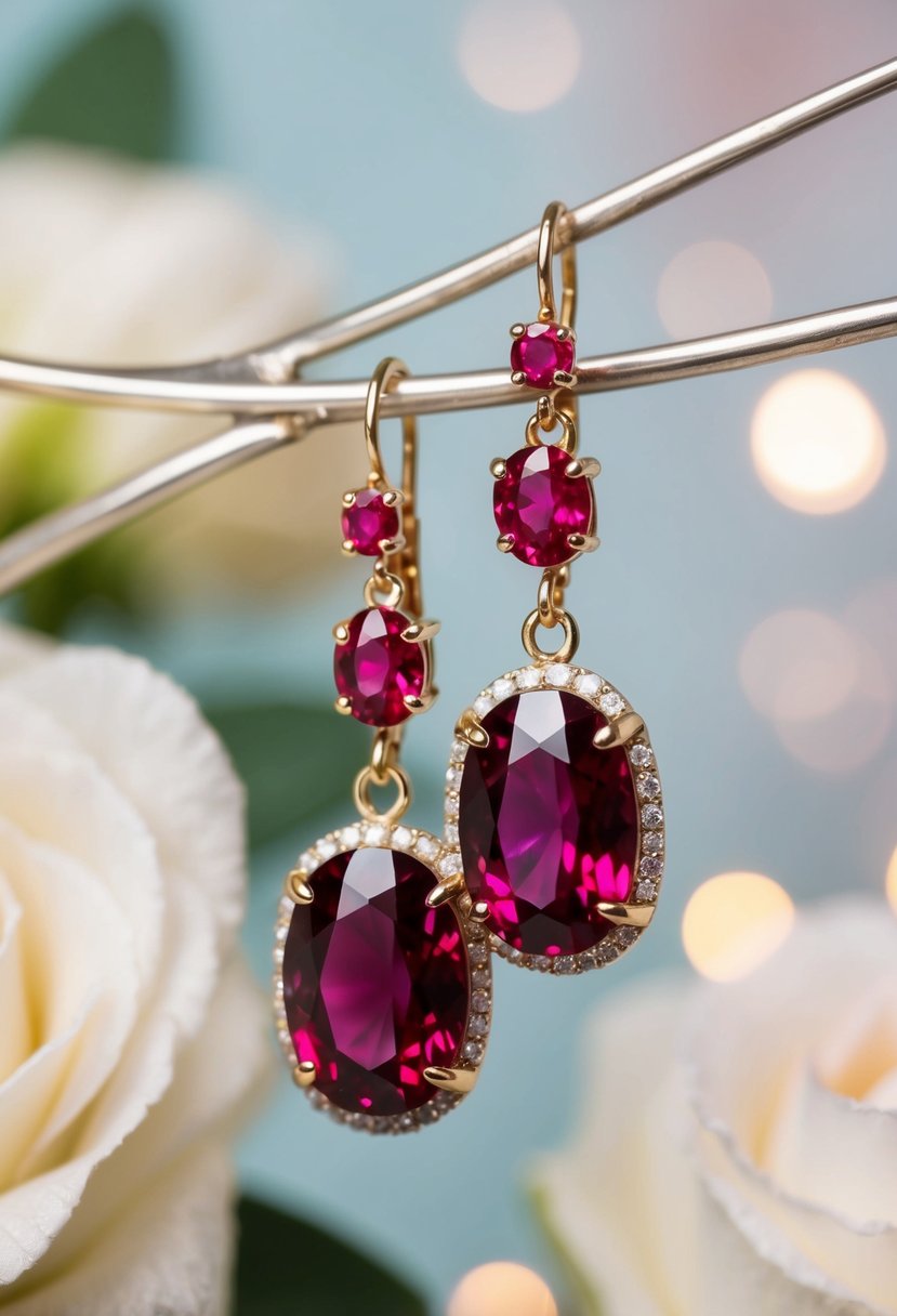 A close-up of vintage-inspired ruby drop earrings against a soft, romantic backdrop