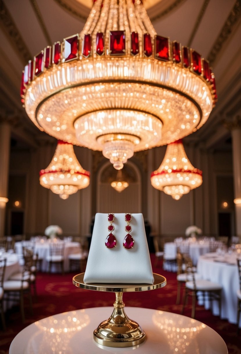 A grand ballroom with art-deco ruby chandeliers casting a warm glow, showcasing elegant ruby wedding earrings on a display pedestal