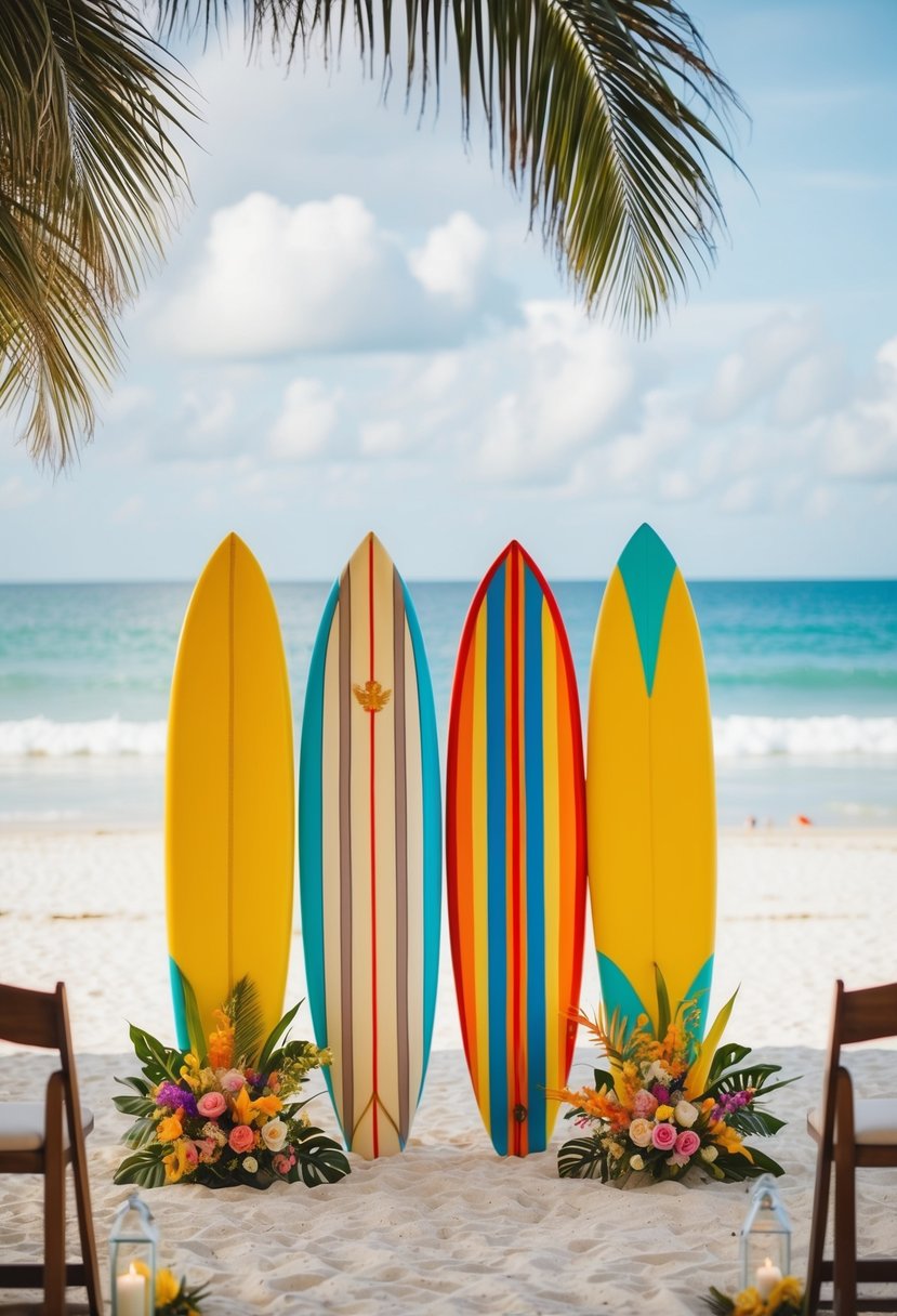 A beachside wedding with vintage surfboards, colorful retro beach umbrellas, and tropical floral arrangements