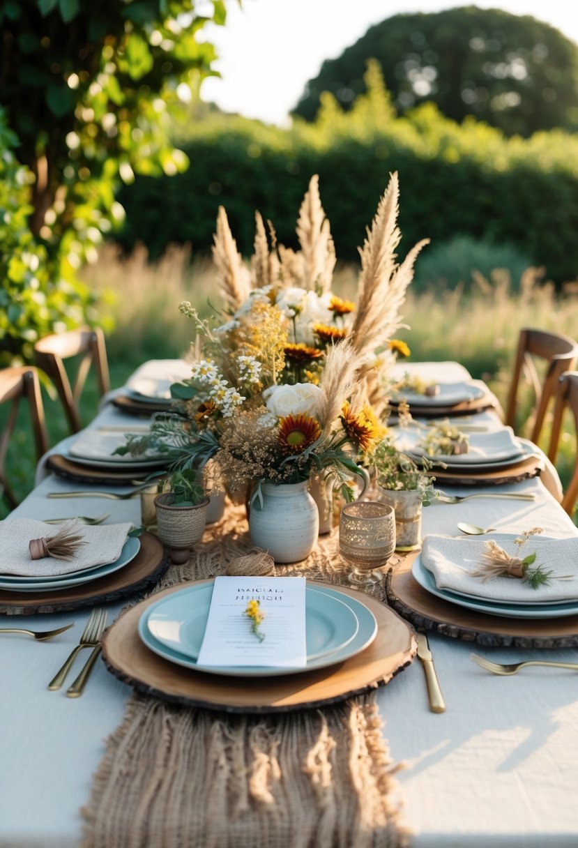 A boho-inspired tablescape with rustic elements, featuring earthy tones, wildflowers, and textured linens, set against a backdrop of lush greenery and warm sunlight