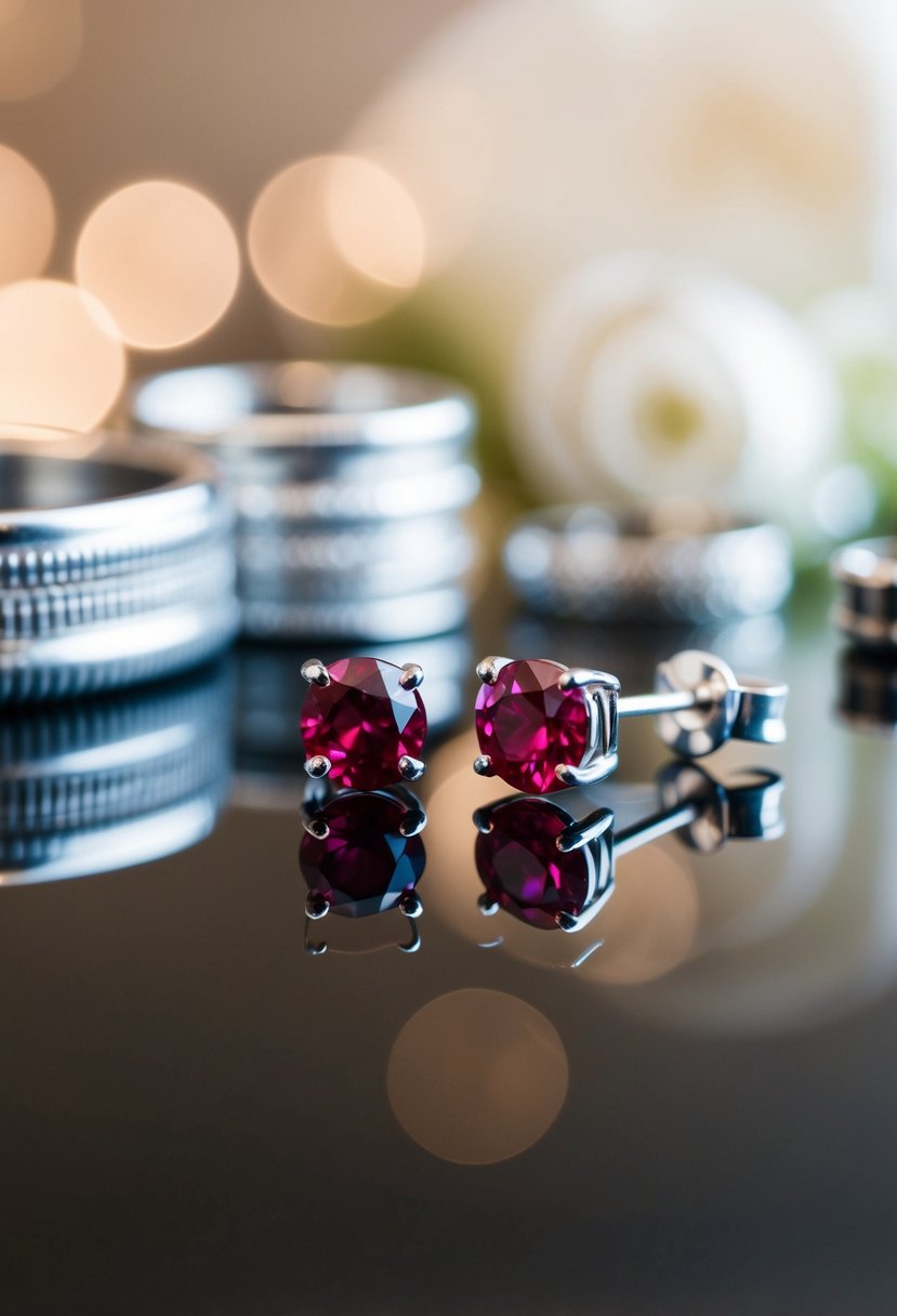 A close-up of modern ruby studs set in silver, with a soft focus background of wedding-related items