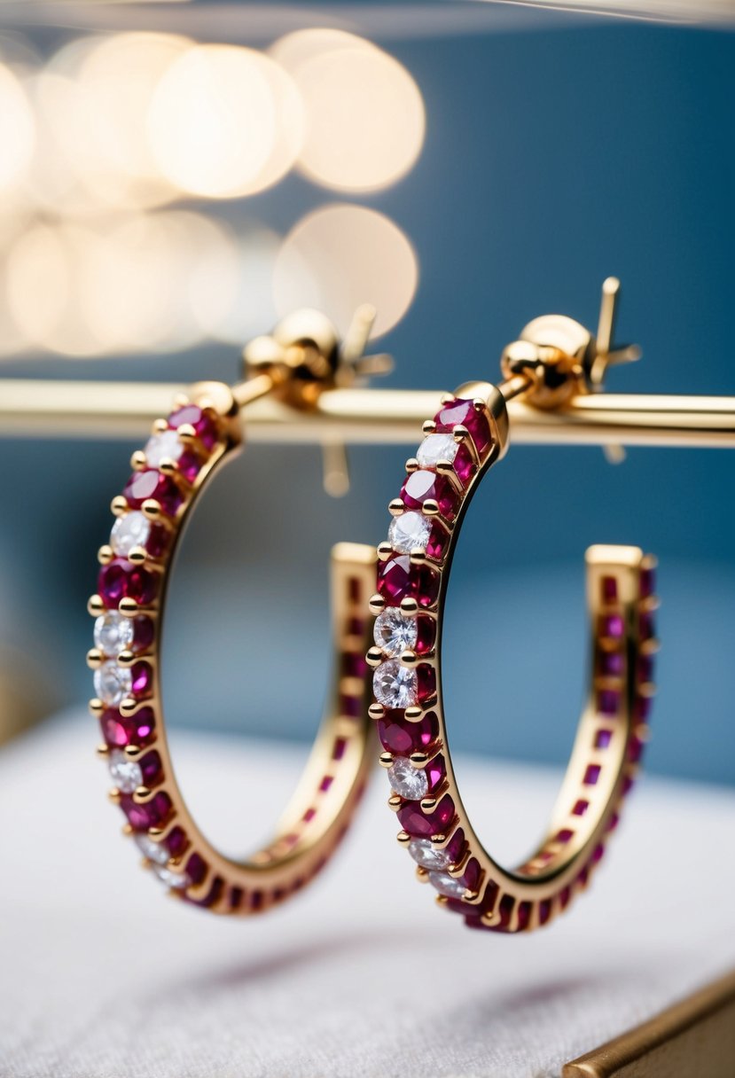 A pair of ruby and diamond hoops, delicately crafted, catching the light in a display case