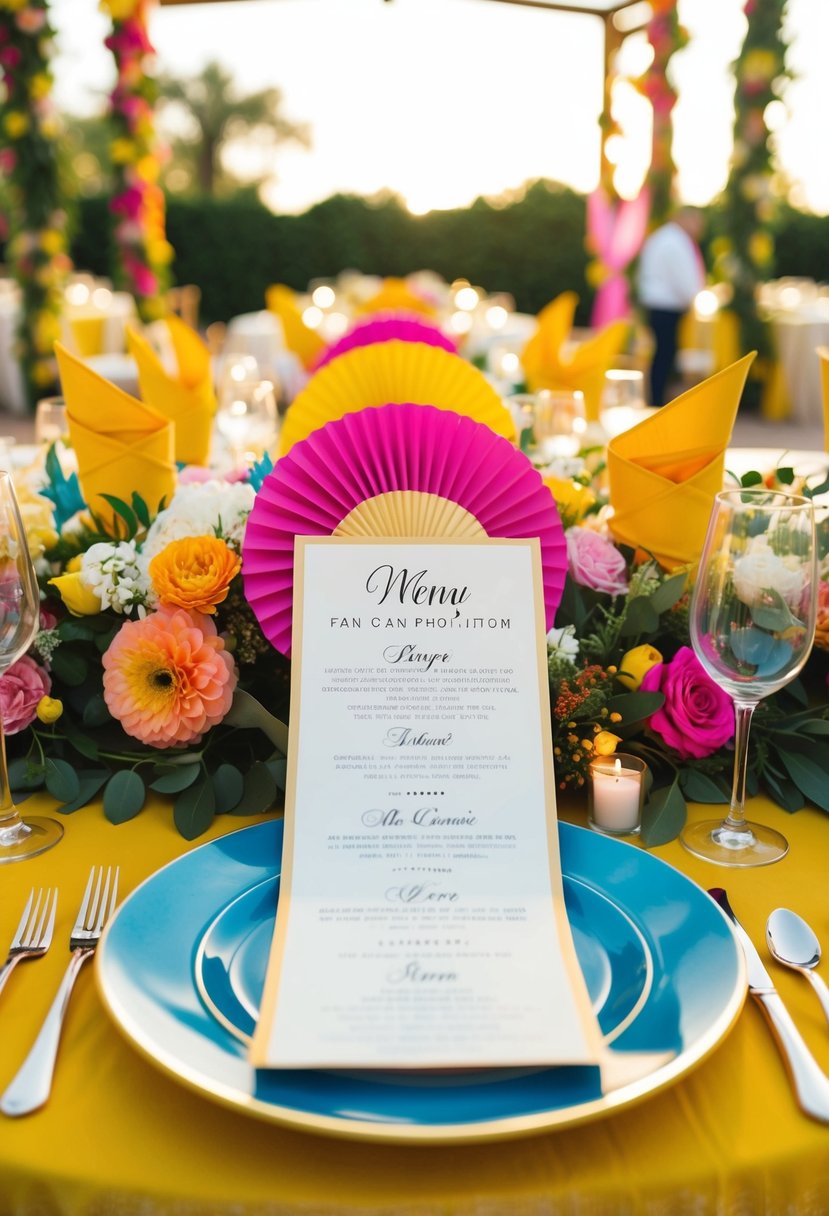 A colorful outdoor wedding reception with elegant fan menus on each place setting, surrounded by vibrant floral arrangements and warm weather decor