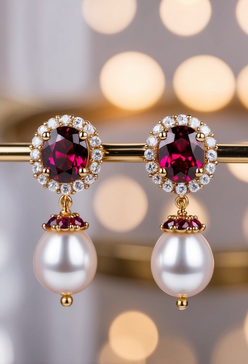 A pair of elegant earrings featuring a combination of ruby and pearl, set against a luxurious backdrop