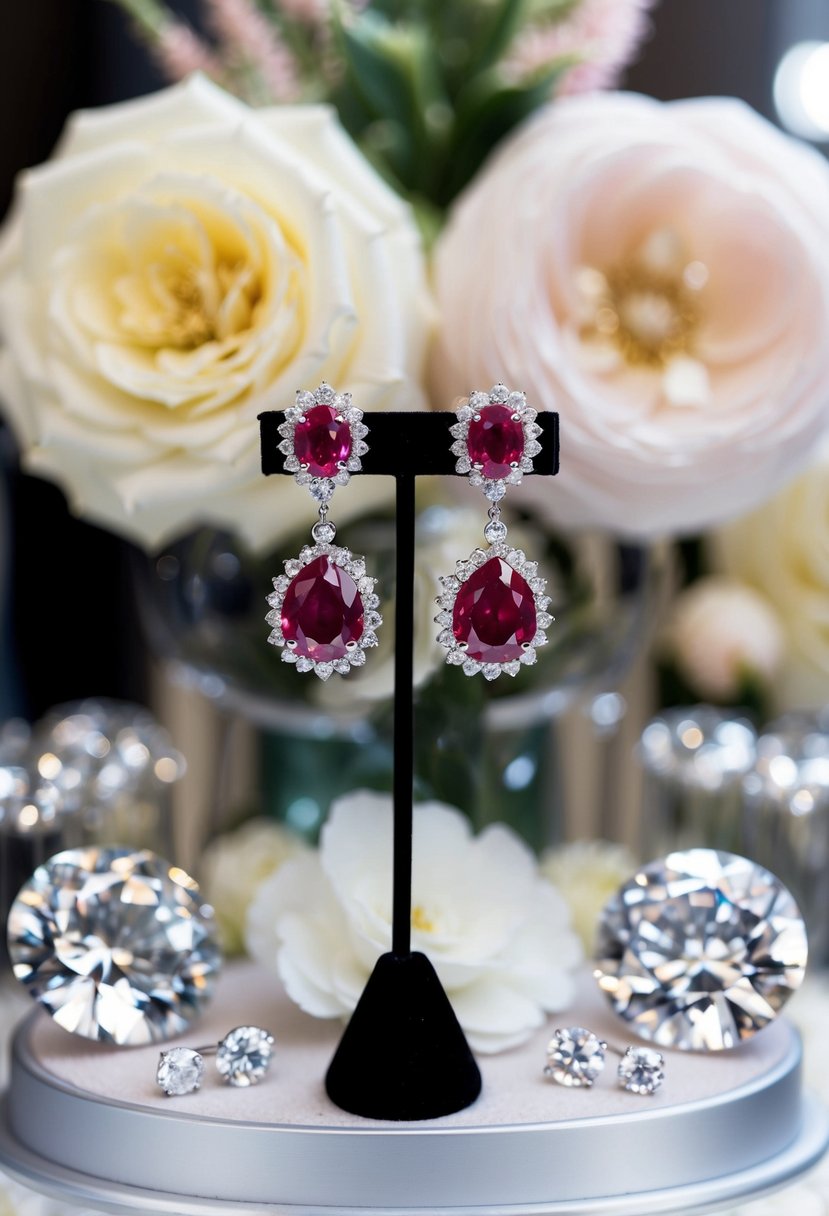 A pair of elegant ruby bridal earrings dangling from a display stand, surrounded by sparkling gemstones and delicate floral accents