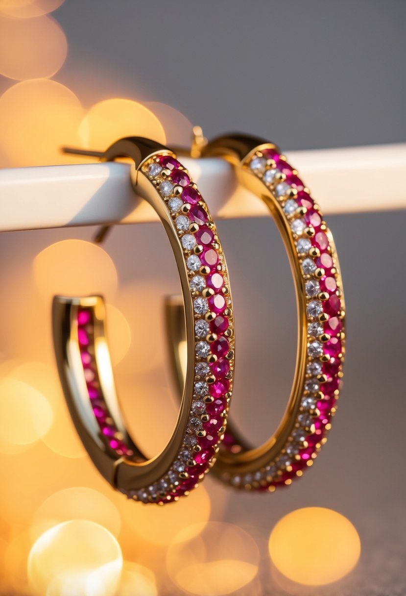 A pair of gold hoop earrings adorned with shimmering rubies, catching the light and casting a warm, radiant glow