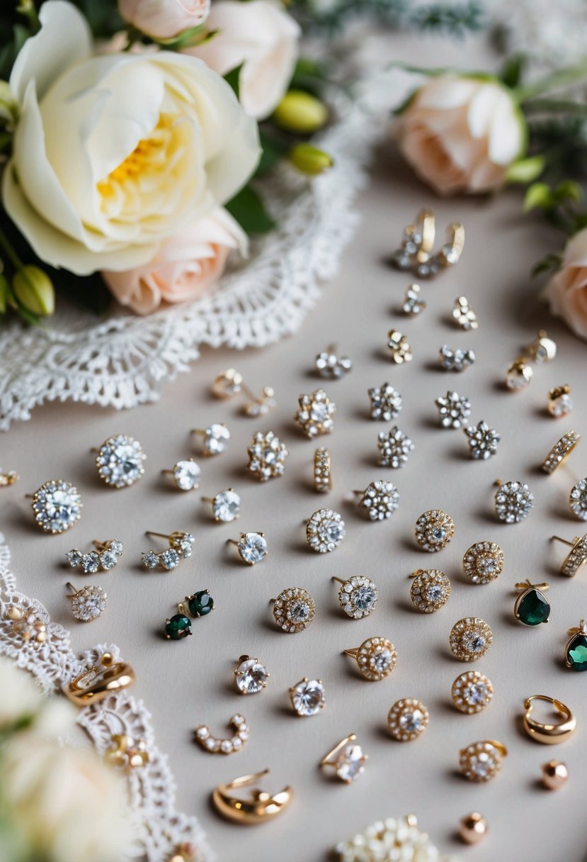 A table scattered with elegant, sparkling earrings in various designs and styles, surrounded by delicate lace and floral decorations