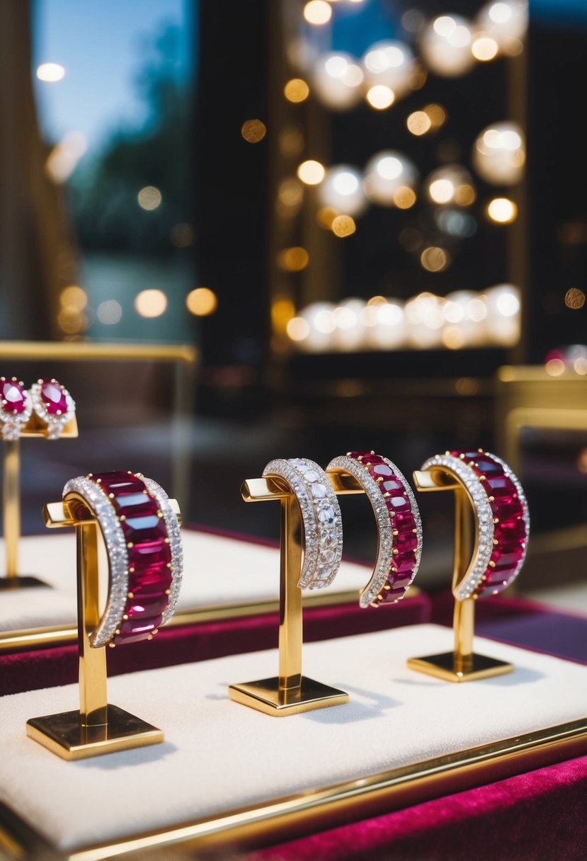 Ruby ear cuffs and wedding earrings arranged on a velvet display, catching the light in a luxurious jewelry store window