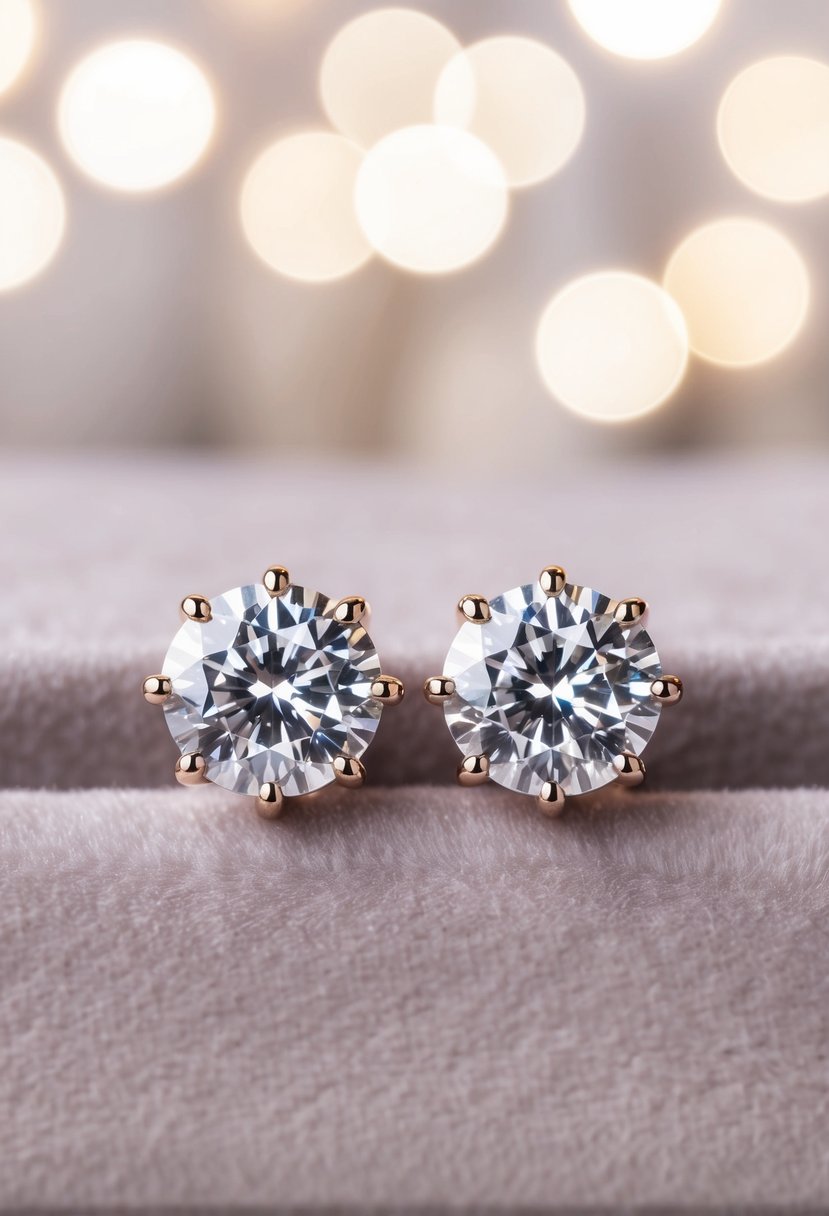 A close-up of diamond stud earrings on a velvet background, with soft lighting to highlight their sparkle and elegance