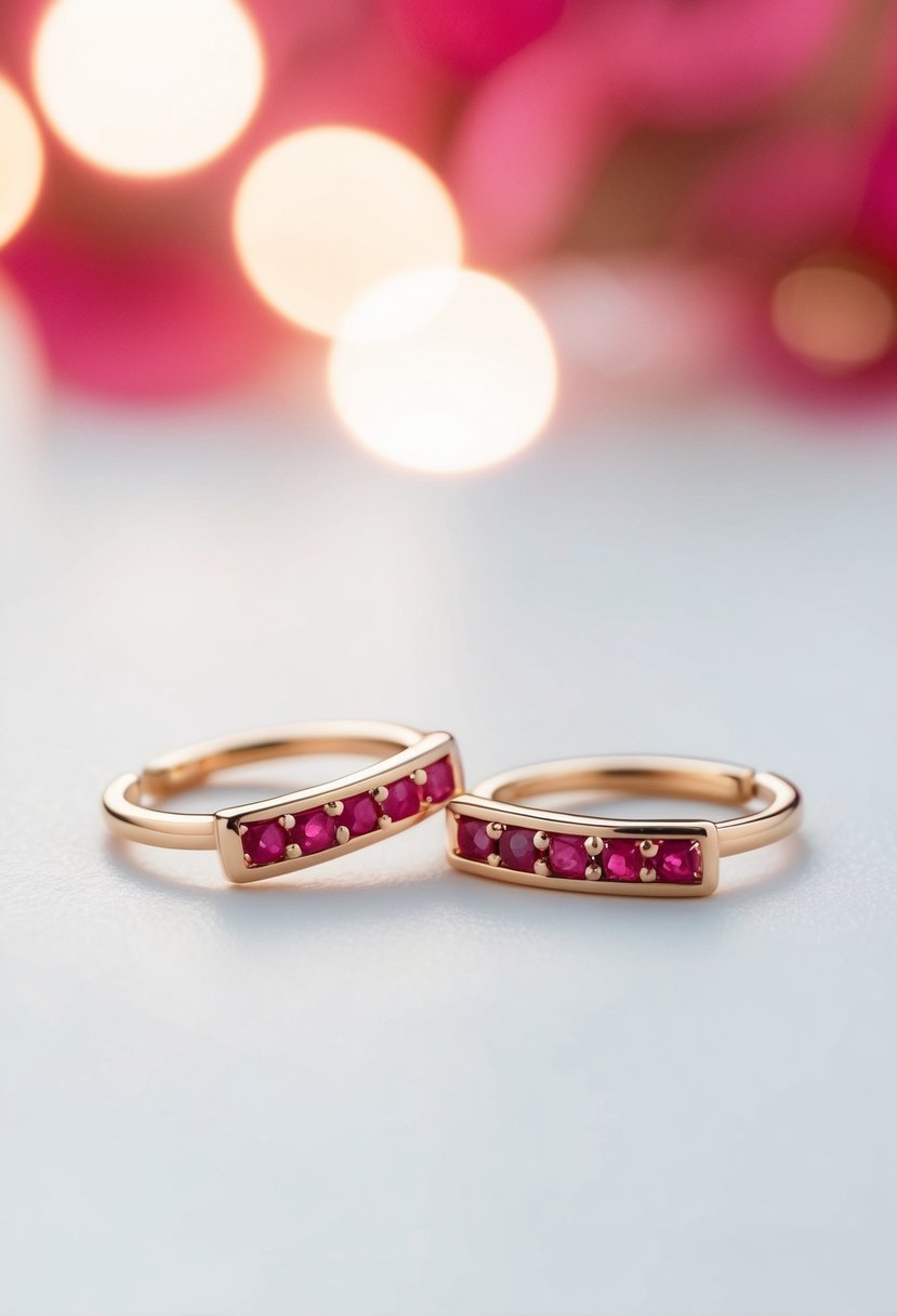 Two simple ruby bar earrings on a white background