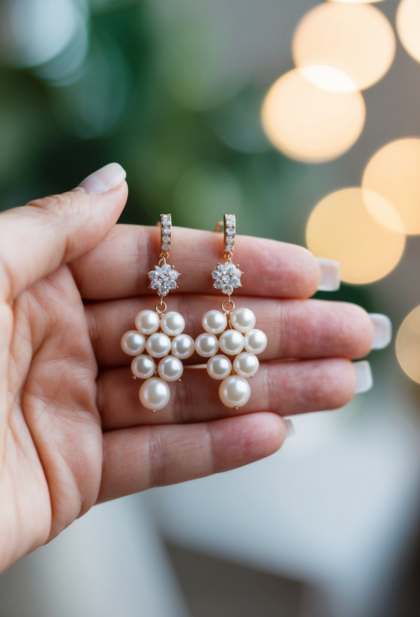 A delicate hand holding a pair of pearl cluster drop earrings, with soft lighting highlighting their elegant design