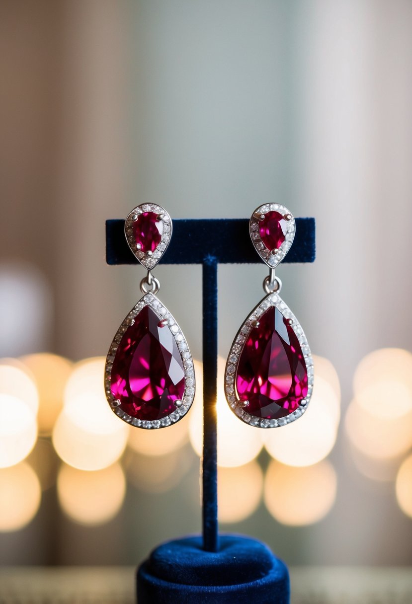 A pair of ruby teardrop wedding earrings displayed on a velvet cushion with soft lighting highlighting their elegant design