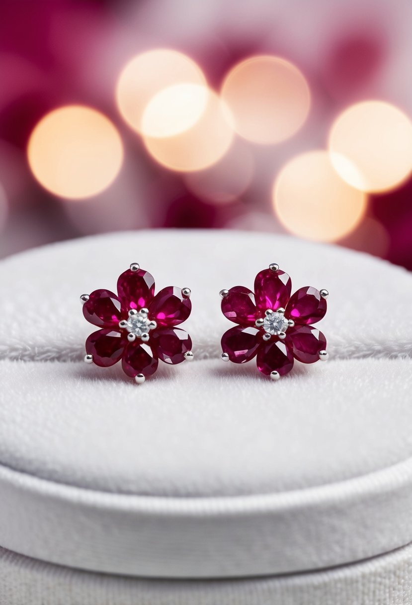 Two delicate ruby flower studs on a white velvet background