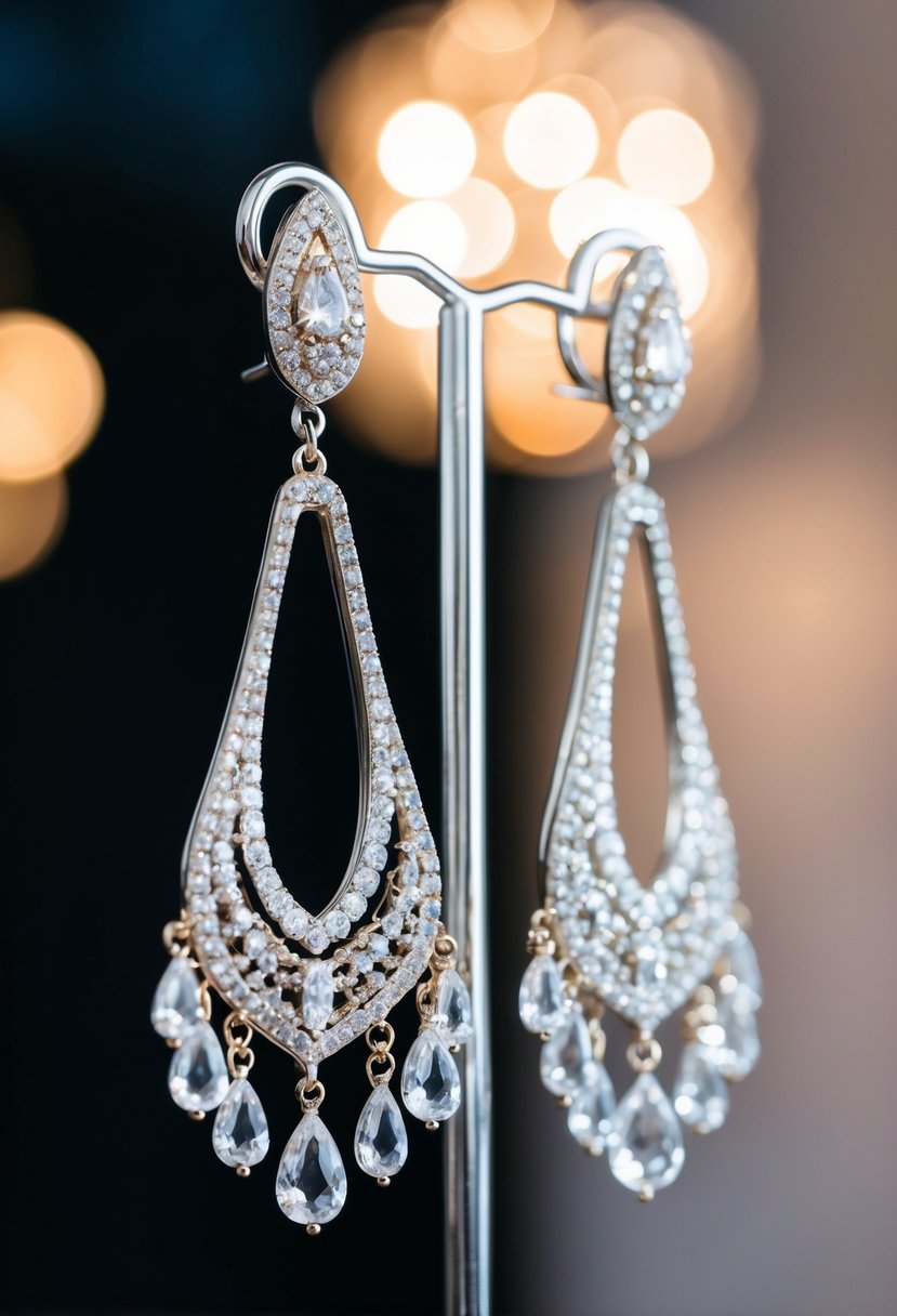 A pair of chandelier earrings dangling from a display stand, catching the light and sparkling with intricate details