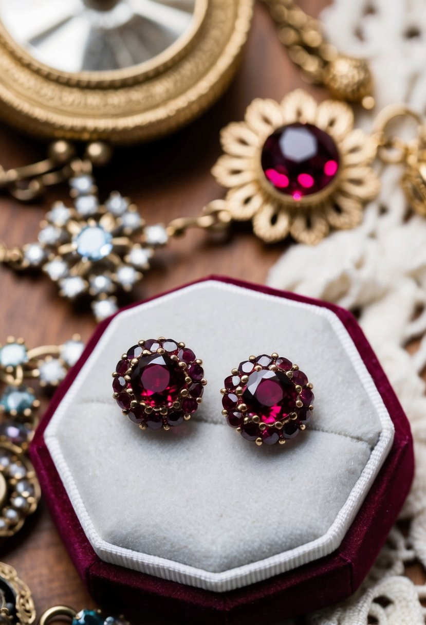 A pair of antique-style ruby button earrings displayed on a velvet cushion, surrounded by vintage jewelry and lace