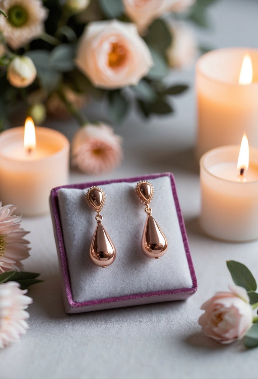 A delicate pair of rose gold drop earrings displayed on a velvet cushion, surrounded by soft candlelight and floral accents