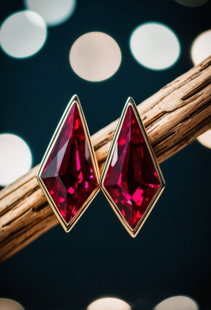 A close-up of bold geometric ruby earrings against a dark background