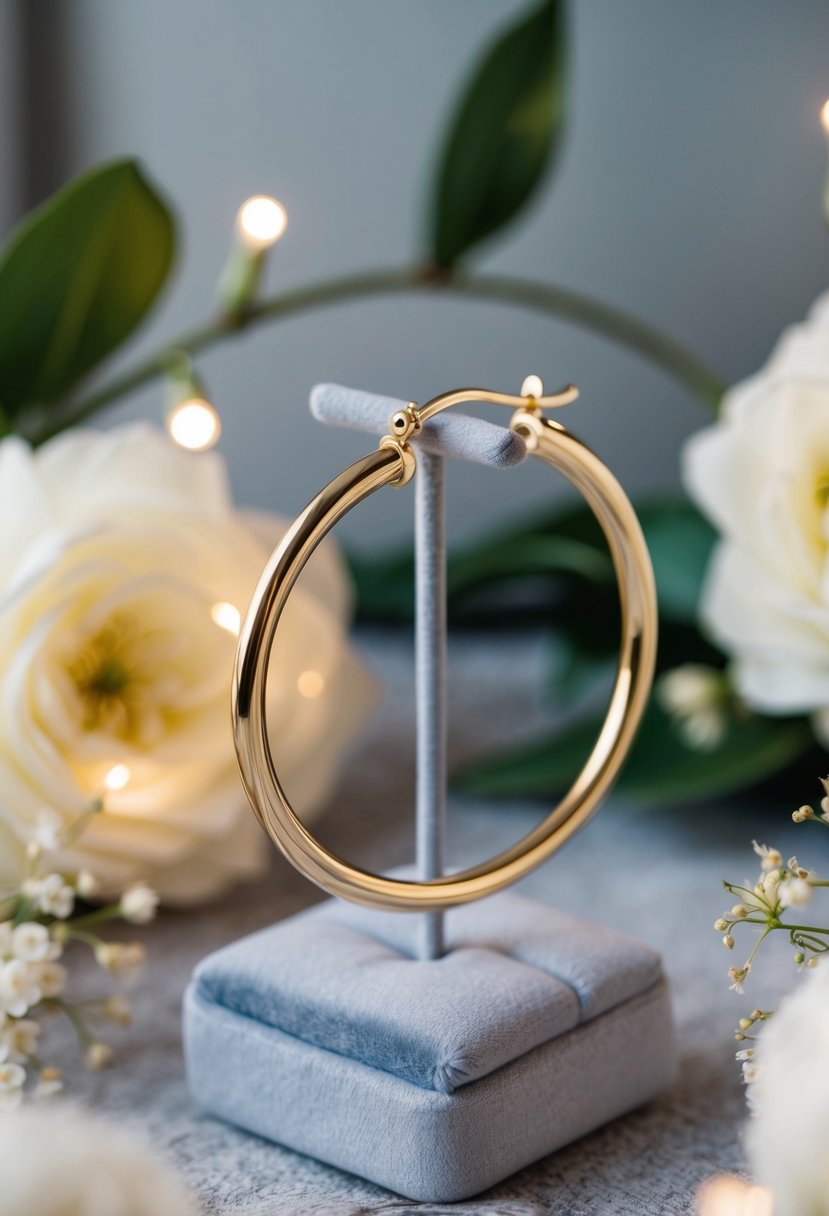 A white gold hoop earring displayed on a velvet cushion, surrounded by soft lighting and delicate floral arrangements