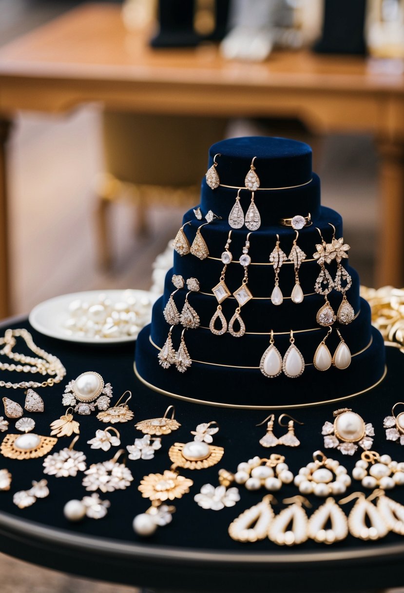 A table displays a variety of wedding earring styles, stacked neatly for browsing