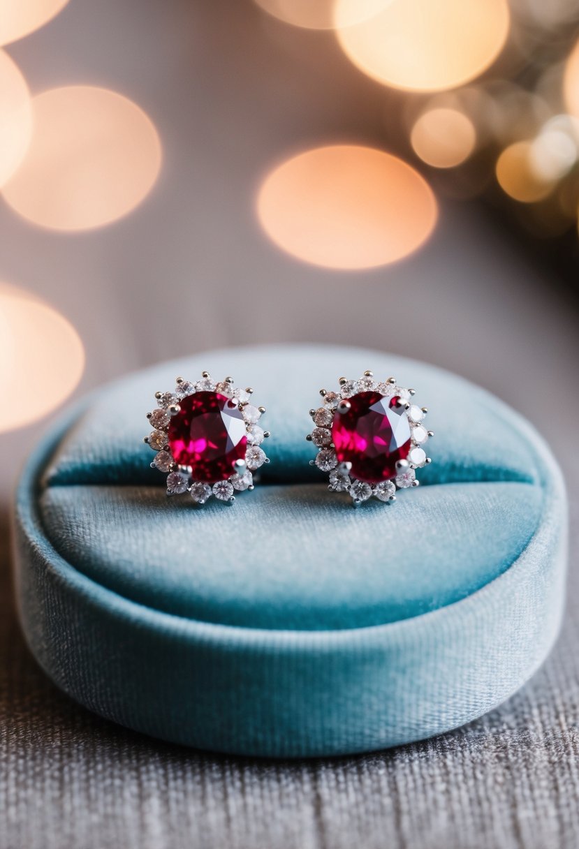 A pair of ruby halo wedding earrings displayed on a velvet cushion