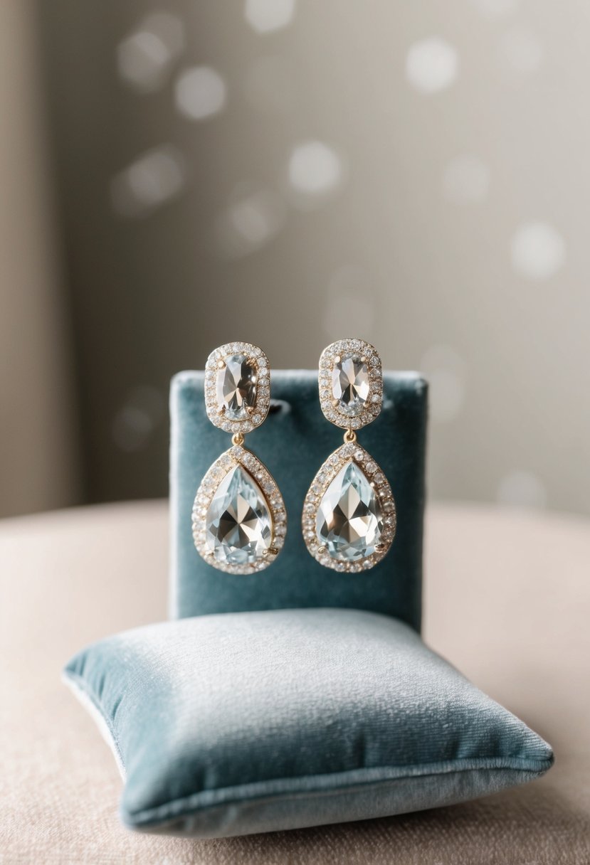 A sparkling pair of crystal statement earrings displayed on a velvet cushion against a soft, neutral background