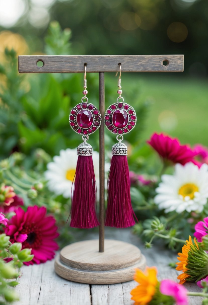 A boho-style ruby tassel earring hangs from a rustic wooden jewelry stand, surrounded by vibrant flowers and greenery