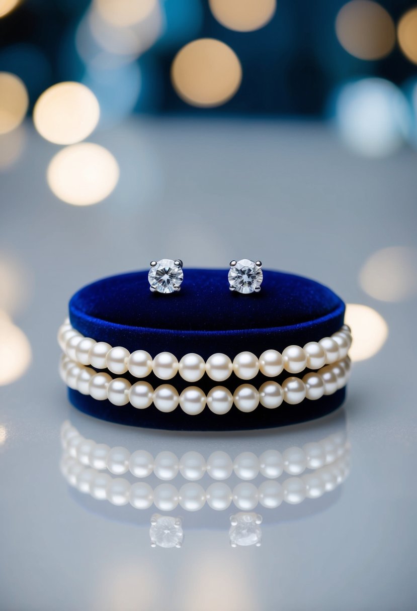 A pair of layered pearls with diamond studs arranged on a velvet cushion