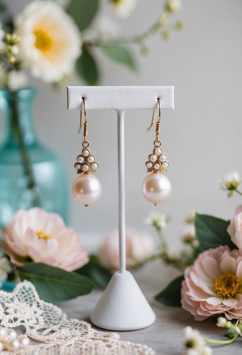 A vintage-inspired pearl earring hanging on a jewelry stand, surrounded by delicate lace and floral accents