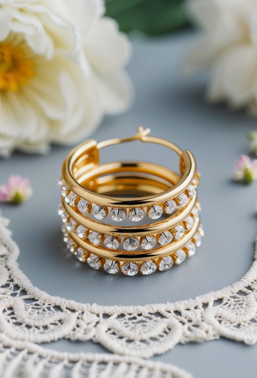 A pair of gold hoop earrings with crystal drops arranged in a stack, surrounded by delicate lace and floral elements