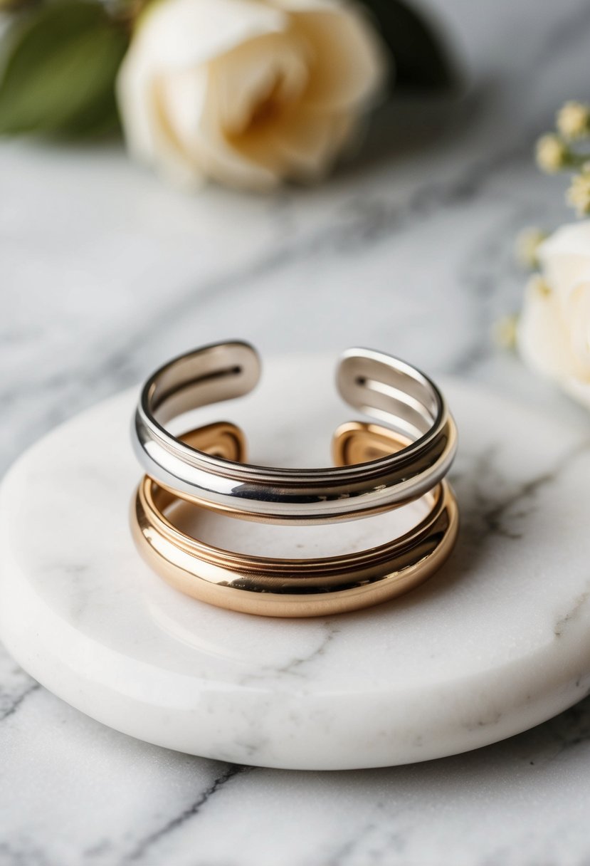 Two mixed metal ear cuffs stacked on a white marble surface with minimalist wedding earrings