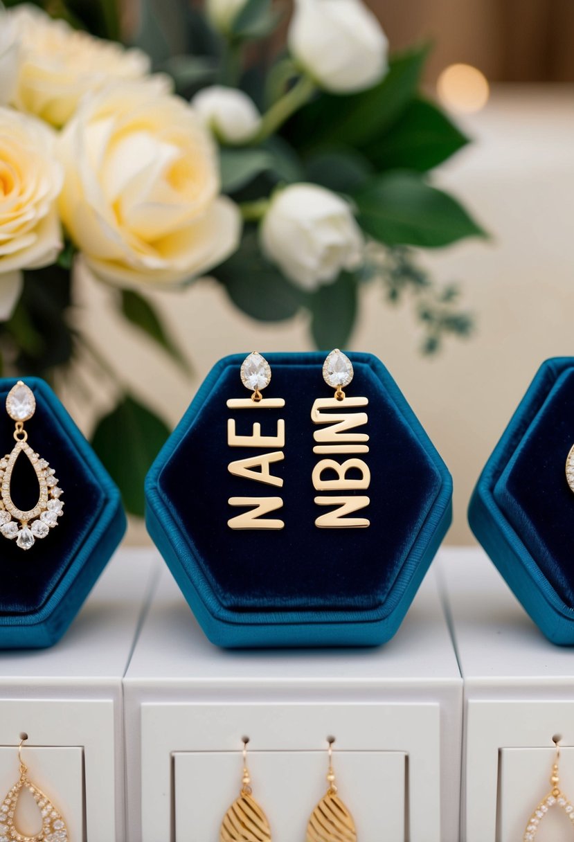 A display of personalized name earrings arranged on a velvet cushion with elegant wedding earring designs