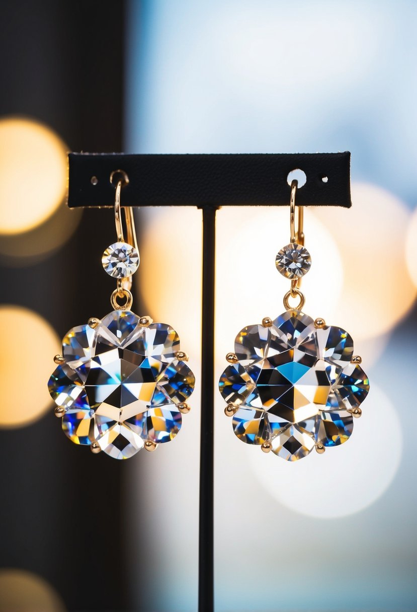 A pair of Swarovski crystal earrings hanging from a display stand, catching the light and sparkling with brilliance