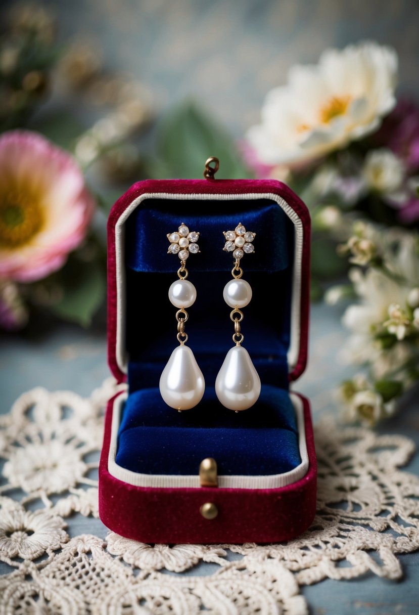 A vintage-inspired pair of pearl drop earrings displayed on a velvet cushion with antique lace and floral accents