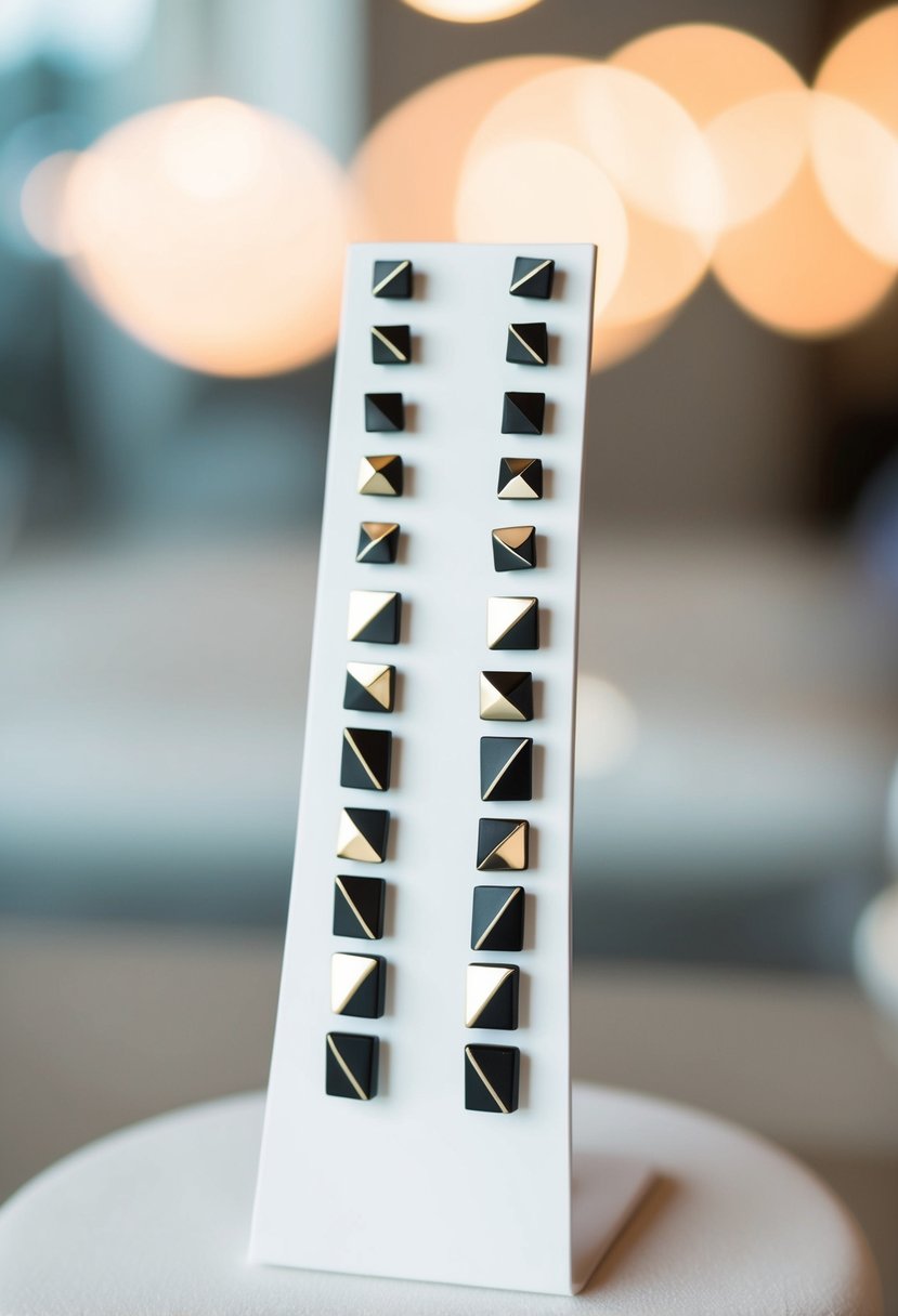 A sleek, minimalist display of geometric stud earrings arranged in a stacked formation, showcasing modern wedding earring ideas