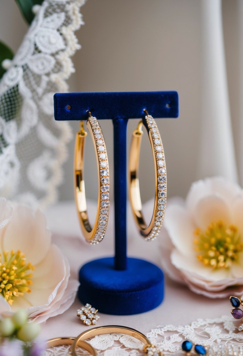 Sparkling rhinestone studded hoops on a velvet jewelry display, surrounded by delicate lace and floral accents