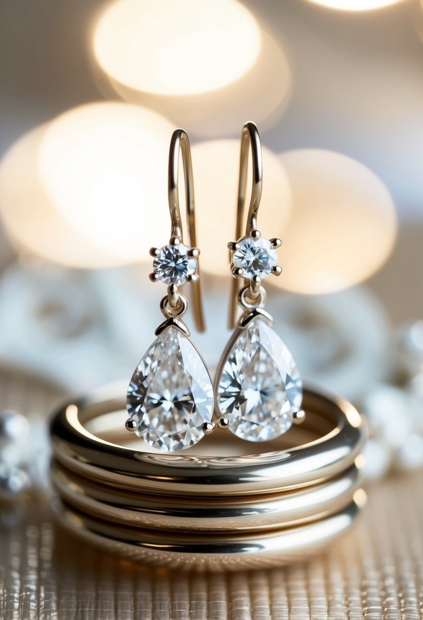 Two delicate diamond teardrop earrings dangle from a stack, catching the light in a bridal setting