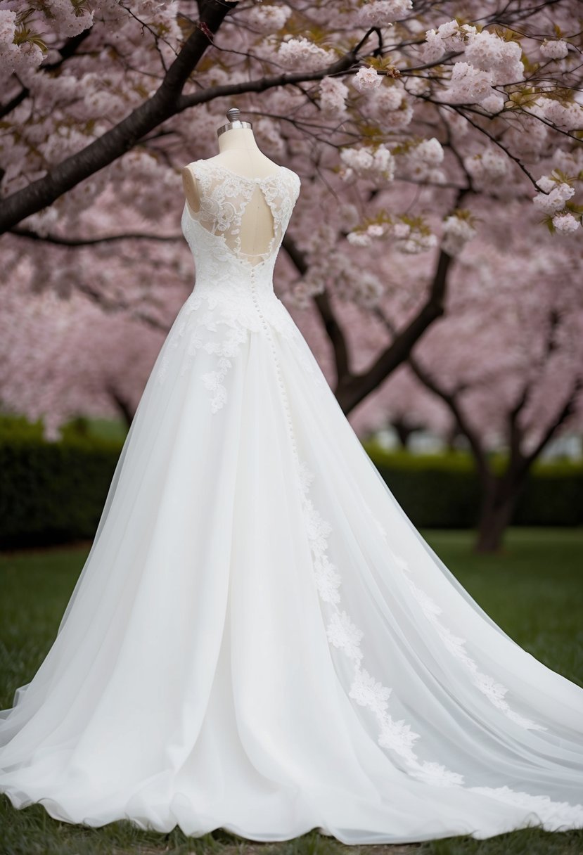 A flowing white wedding dress with delicate lace and a long train, set against a backdrop of blooming cherry blossoms