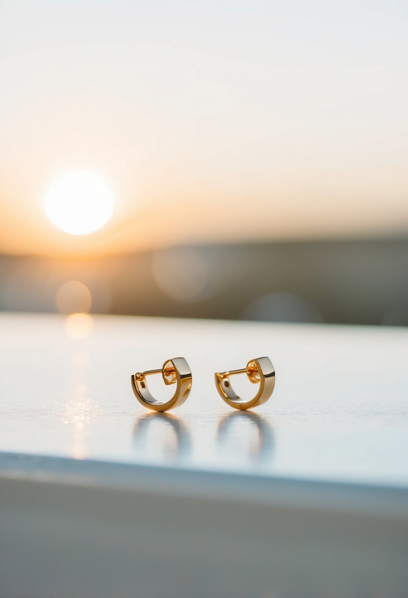 Two simple gold earrings on a clean white surface