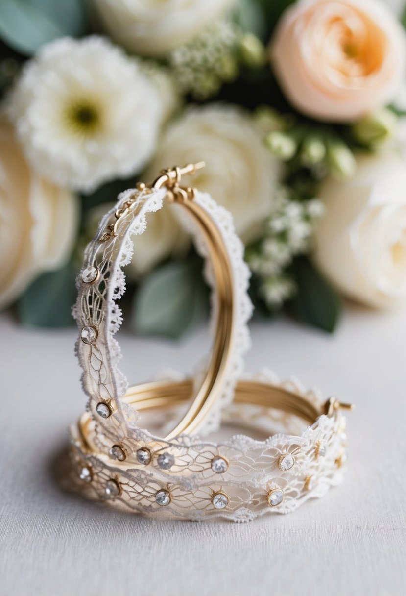 Delicate lace hoops intertwined with filigree, adorned with ethereal gems, set against a backdrop of soft wedding flowers