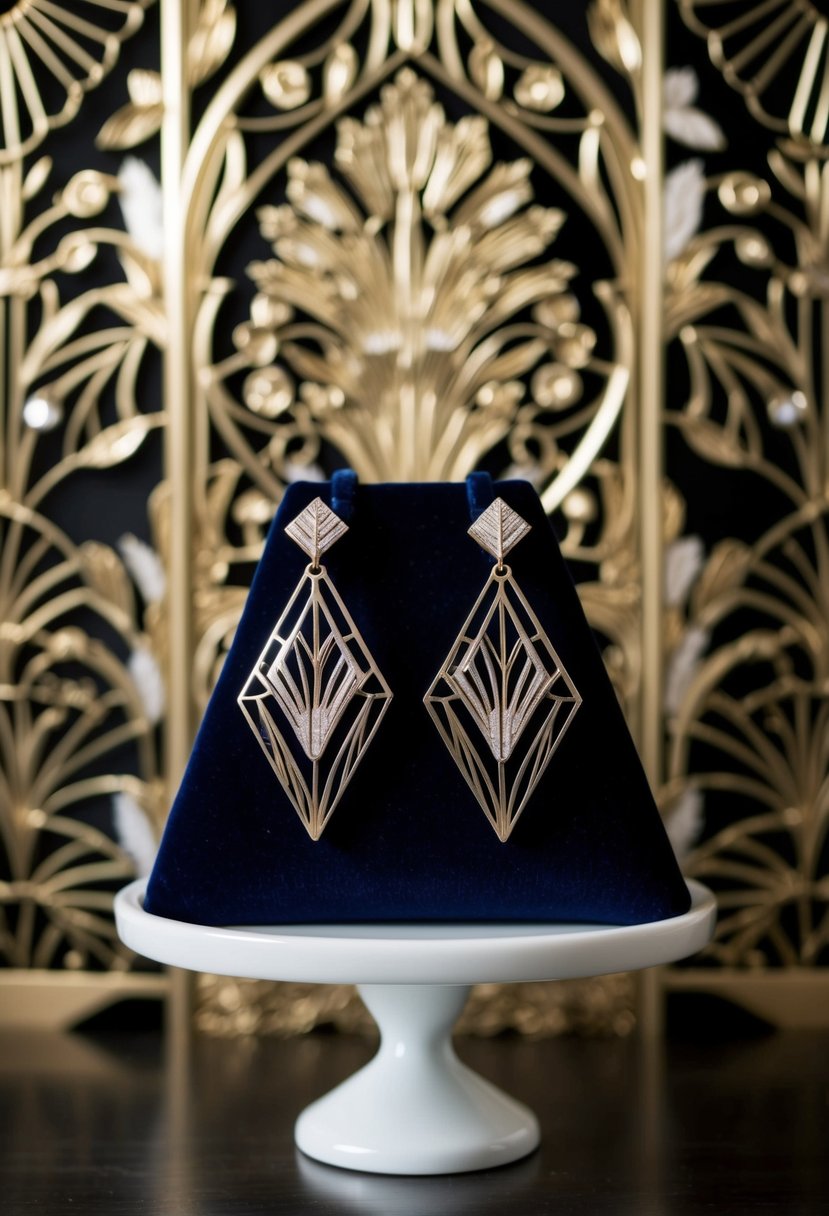 A pair of elegant, geometric Art Deco style earrings displayed on a velvet cushion against a backdrop of intricate, gilded patterns