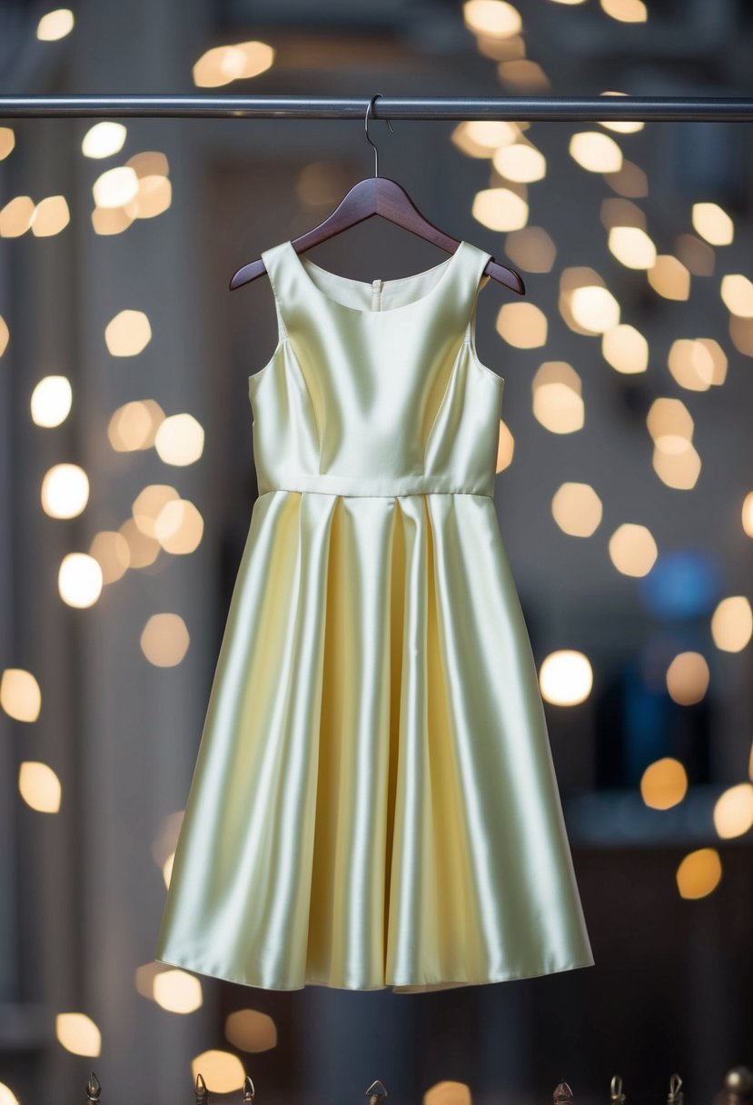 A classic satin A-line dress hanging on a vintage wooden hanger