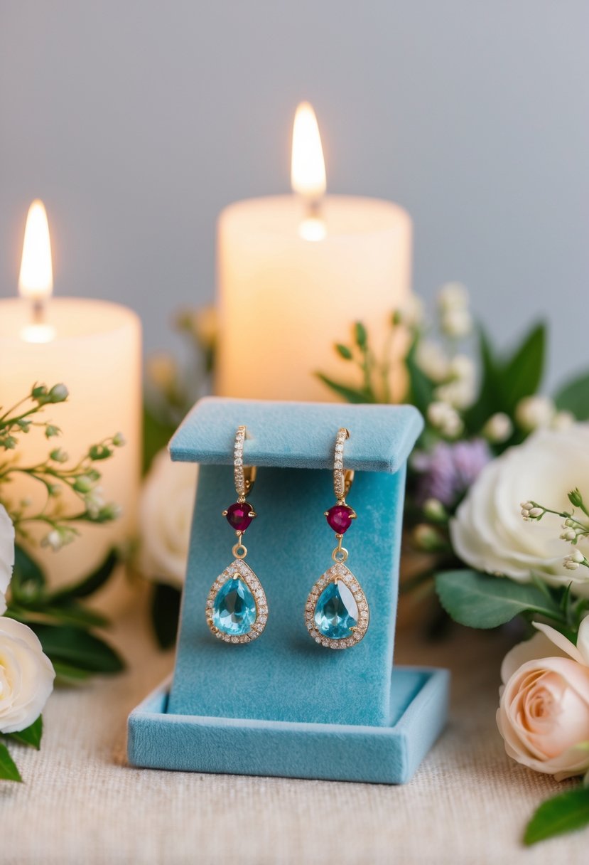 A pair of sparkling birthstone drop earrings showcased on a velvet jewelry display, surrounded by delicate floral arrangements and soft candlelight