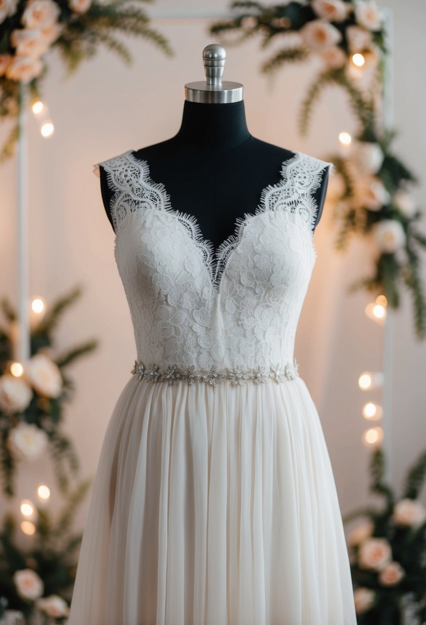 A lace bodice with a flowing chiffon skirt, set against a backdrop of soft, romantic lighting and delicate floral accents