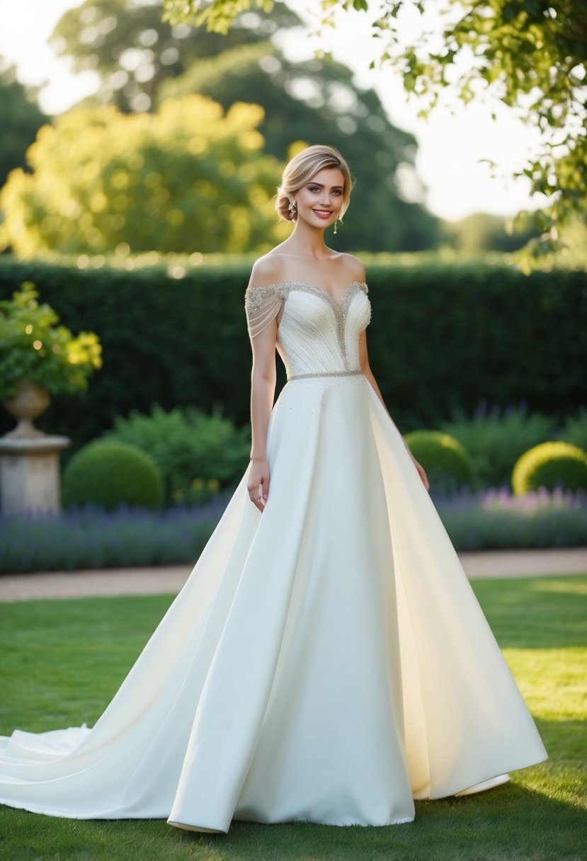 An elegant A-line wedding dress with beaded off-the-shoulder detail, flowing gracefully in a garden setting