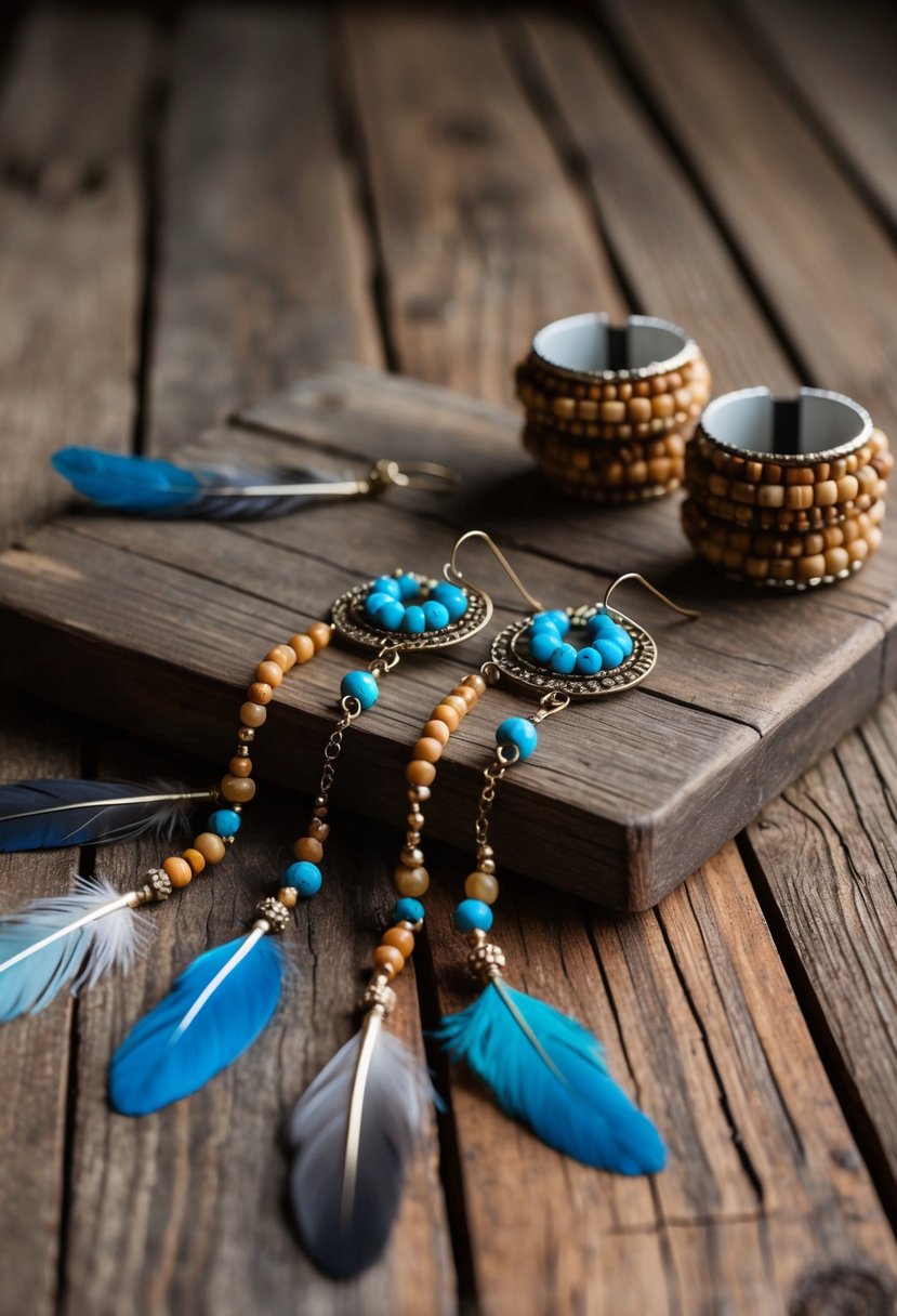 A rustic wooden table adorned with bohemian feather and bead earrings in a stacked arrangement